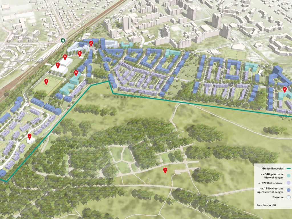 Eine Landkarte mit einem 3D-Entwurf für das Quartier „Neulichterfelde” im Süden Berlins
