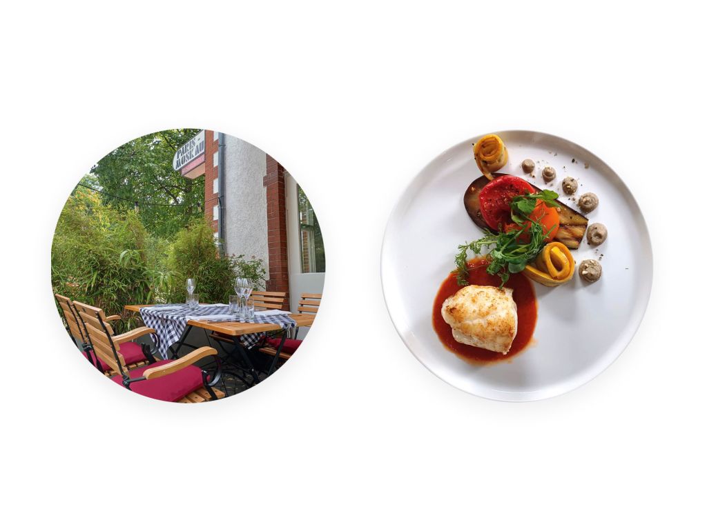 Die Terrasse des Paris Moskau und eines der Dinner-Gerichte: Steinbutt mit Artischocken, Tomate und Aubergine
