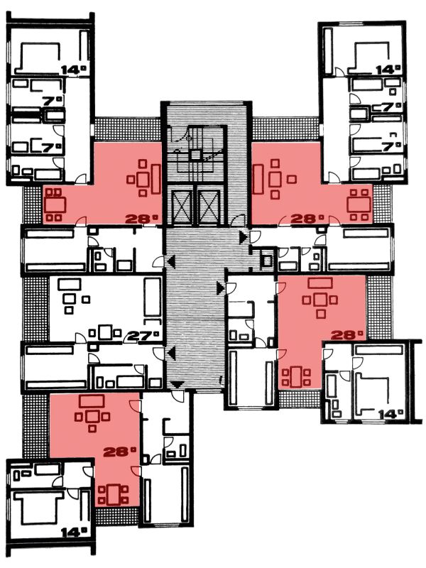 Grundriss mehrerer Wohnung in einem Mietshaus