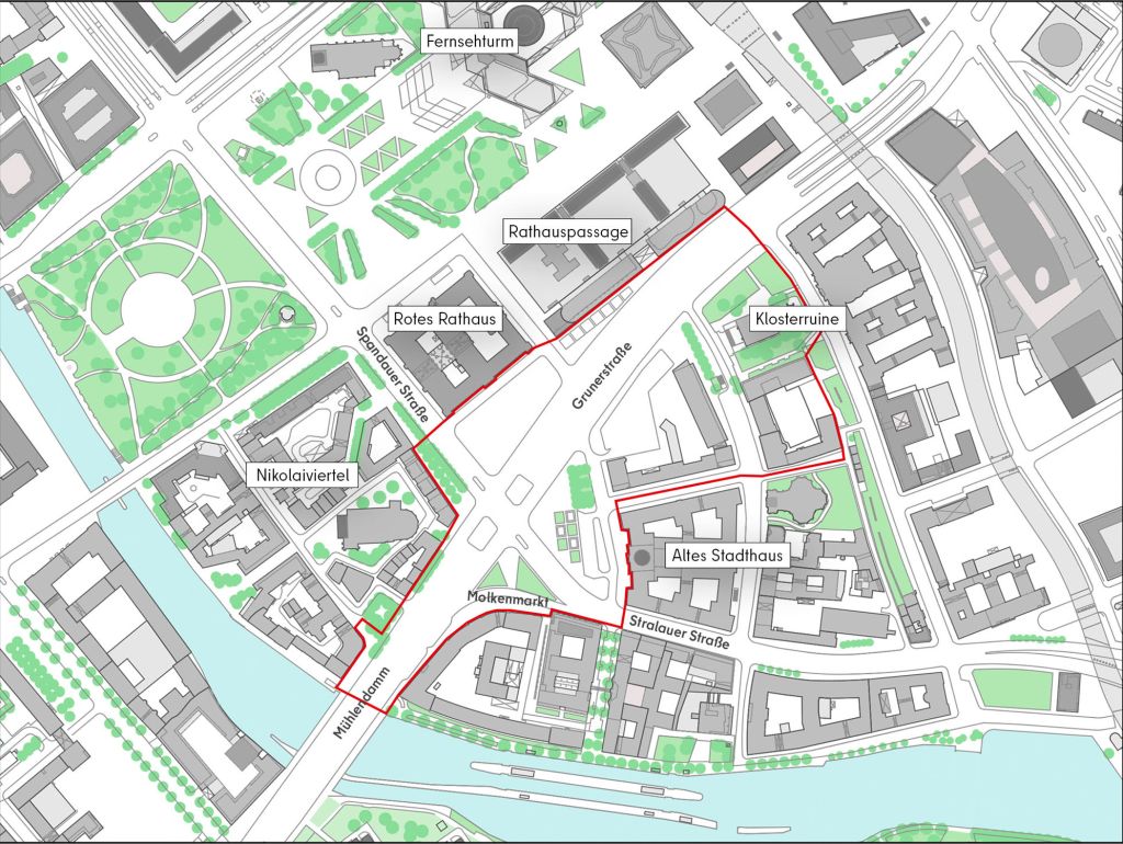 Gegenwärtig dominieren Fahrspuren und großflächige Kreuzungen die Berliner Mitte. Die historischen Spuren aus den Ursprüngen der Stadt liegen auf dem Asphalt