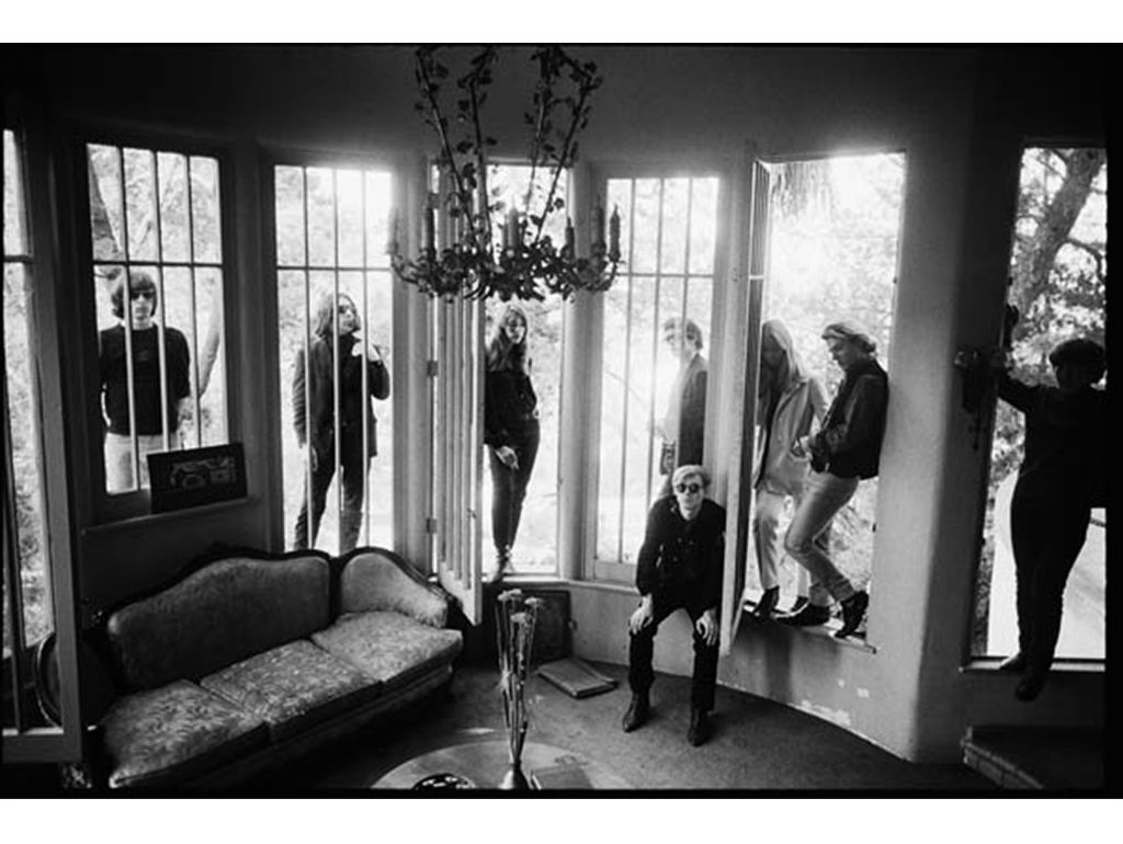 Andy Warhol and the Velvet Underground through the window Los Angeles, 1966