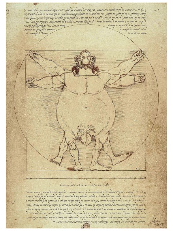 Ein Kunstwerk, welches eine Obelix-Version von Leonardo da Vincis vitruvianischem Menschen darstellt. Text umgibt das Bild auf pergamentartigem Papier.