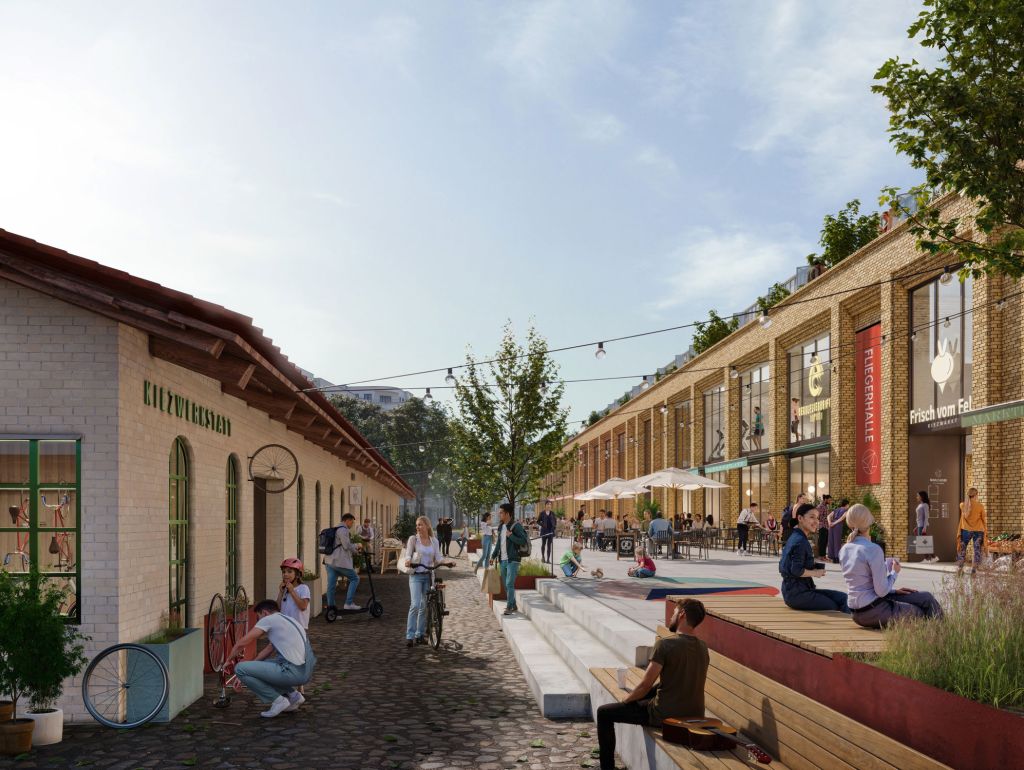 Eine Konzept-Visualisierung einer neuen Markthalle in Berlin, Johannisthal mit Gastronomie und Einkaufsmöglichkeiten