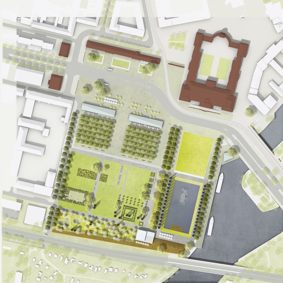 Illustrierte Karte, die einen detaillierten Plan für den Lustgarten mit Grünflächen, Wegen und einem Gewässer zeigt. Umliegende Gebäude und Straßen sind sichtbar und weisen auf die städtische Lage des Gartens hin.